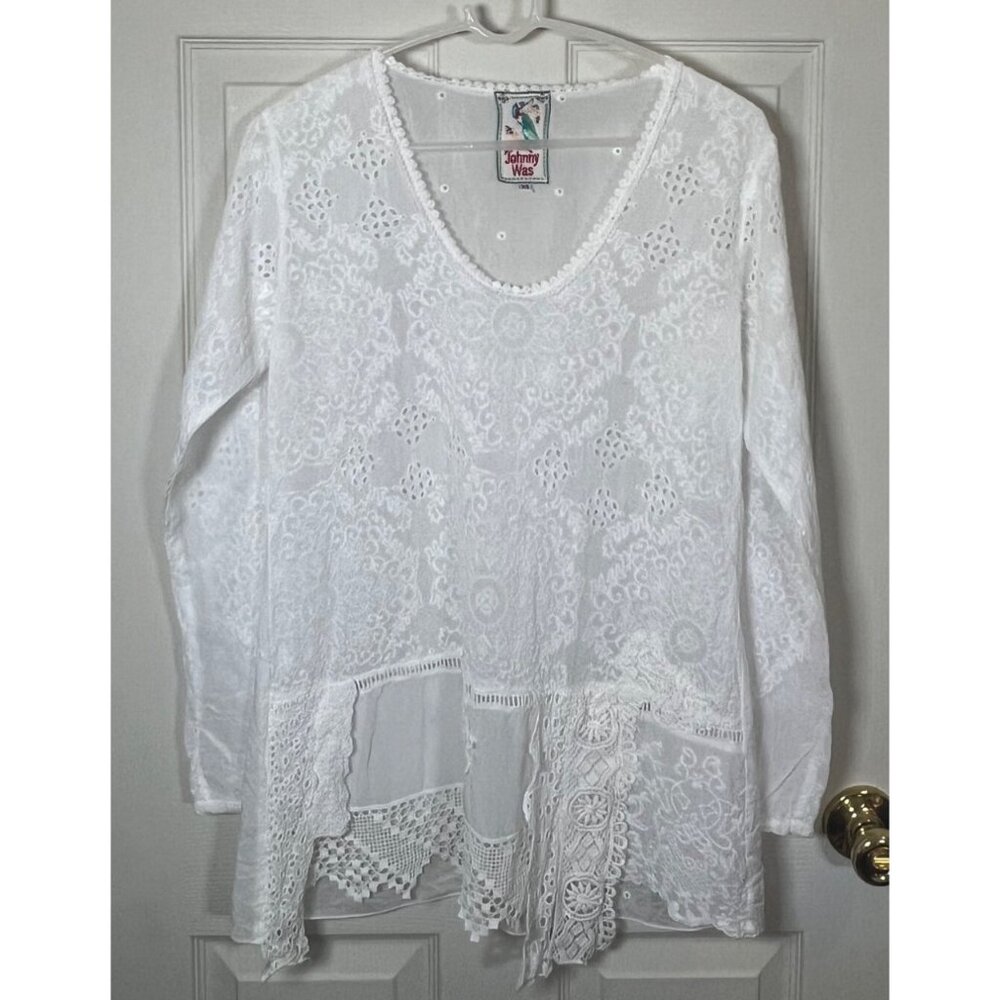 Johnny Was XS Long Sleeve Lace Tunic Top Scoop Neck Embroidered Boho Style
